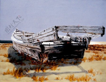 破旧的木船油画图片