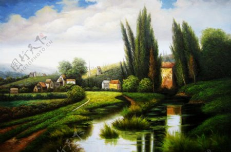 美丽乡村风景油画写生图片