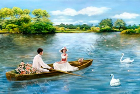 划船的夫妻油画图片
