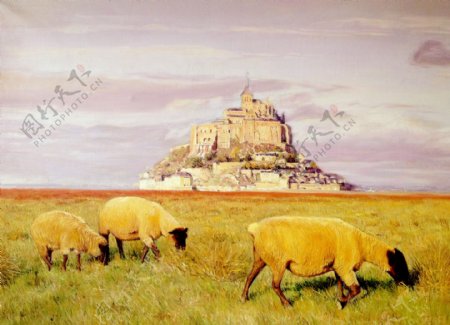 油画绵羊草原风景图片