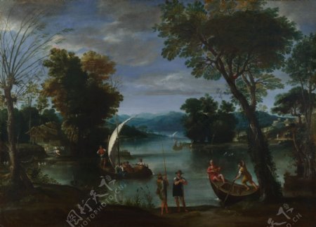 油画树木湖泊与人物图片