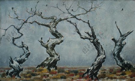 树木枯树油画图片