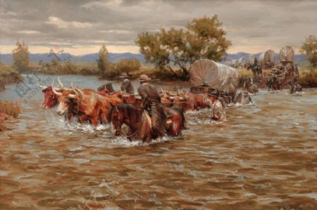 过河的牛车油画图片