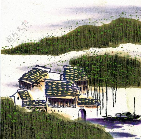 湖泊房屋风景画图片