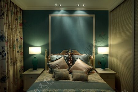 时尚卧室绿色大床背景墙设计图