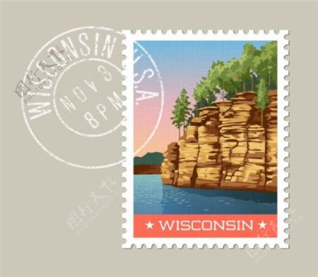 威斯康星州邮资邮票模板矢量素材下载
