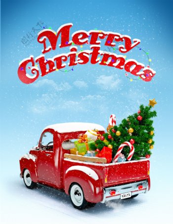 装满圣诞物品的红色小卡车图片