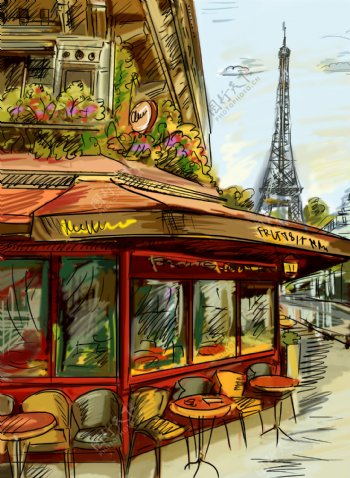 巴黎街道风景插画