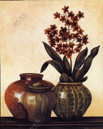 鲜花盆栽与陶瓷容器写生