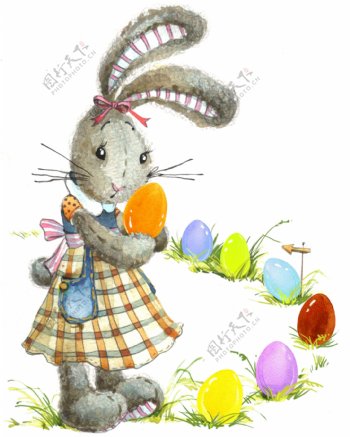 抱着彩蛋的卡通兔子
