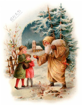 圣诞老人与小孩复古插图图片