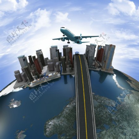 地球上的城市高速公路和飞机图片