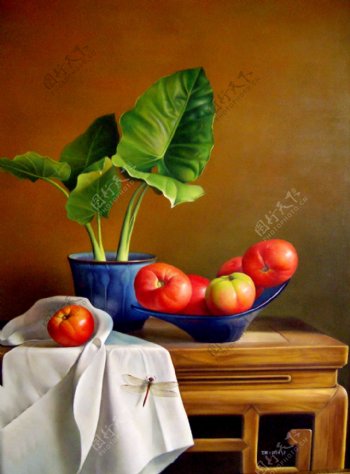 番茄与盆栽油画写生图片