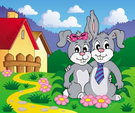 卡通兔子与卡通房子