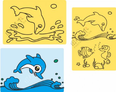海豚砂画线稿和彩图