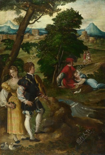 郊外的古代欧洲情侣油画图片