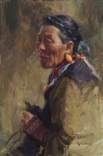 满面愁容的藏族阿妈油画图片