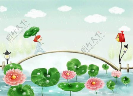 夏季雨中荷花池塘浪漫清新插画图片设计
