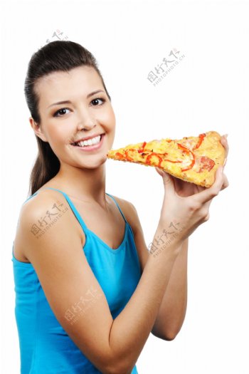 拿着披萨的女人图片