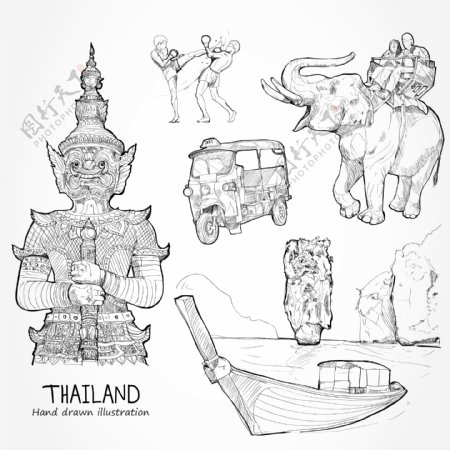 手绘泰国旅游场景海报元素矢量素材