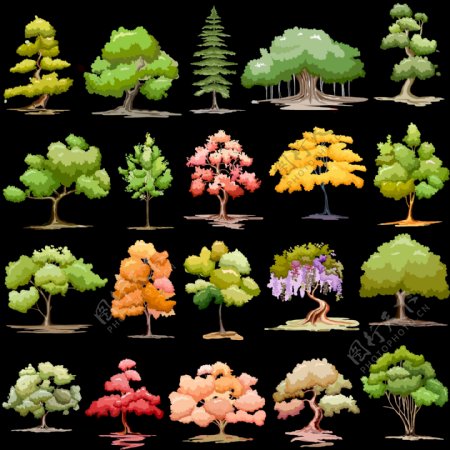 各种颜色大树免抠png透明图层素材