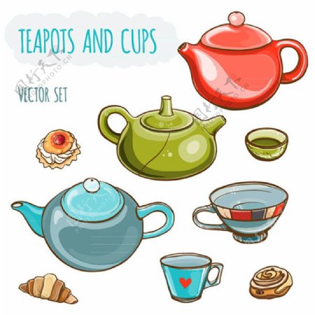 彩色茶壶与茶杯