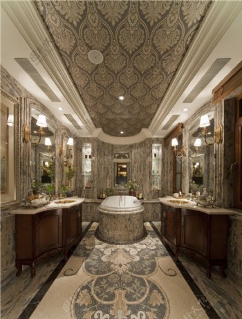 美式豪华卫生间背景墙浴缸设计图