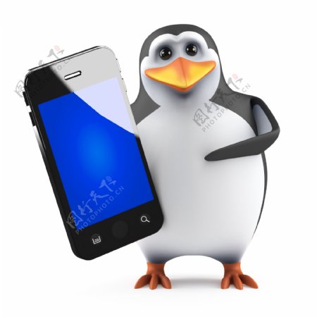 拿着智能手机的企鹅
