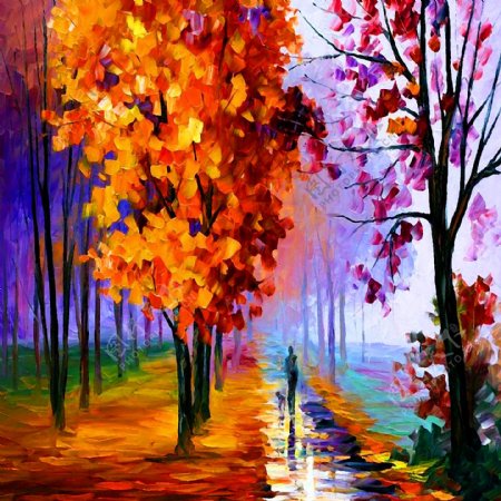 秋天树林风景油画