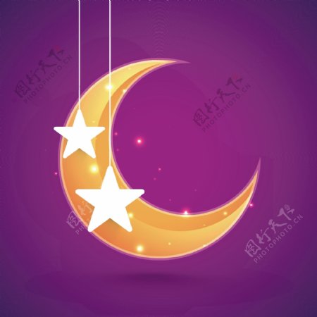 明亮的新月和紫色背景上的银星为伊斯兰节日EidMubarak庆典而设