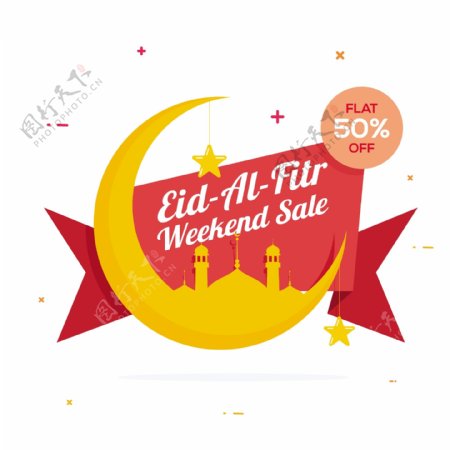 EidAlFitr周末的新月和清真寺销售丝带可作为海报旗帜或传单设计