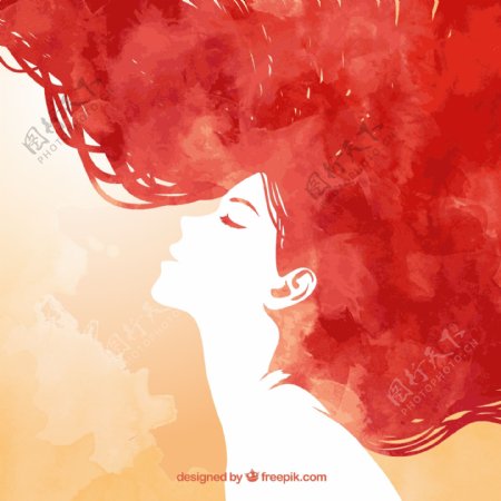 水彩红色头发女子侧脸矢量素材