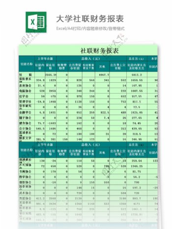 大学社联财务报表excel模板