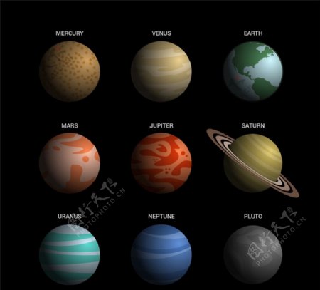 精美太阳系九大行星矢量图