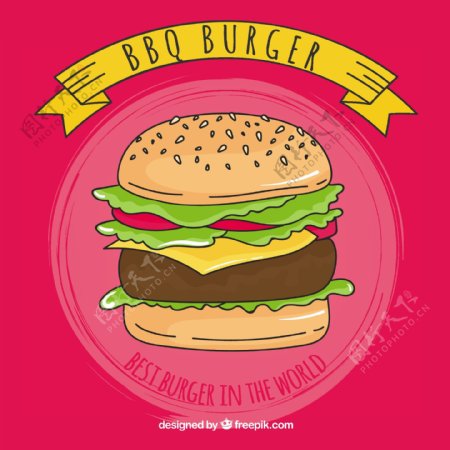 手绘汉堡与美味的食材红色背景