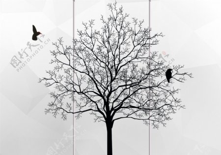 现代简约黑白发财树小鸟图案简洁背景墙