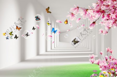 花卉蝴蝶走廊背景墙