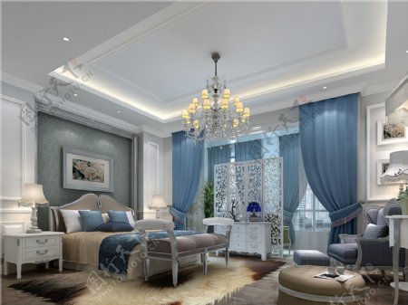 欧式卧室蓝色大床窗户设计图