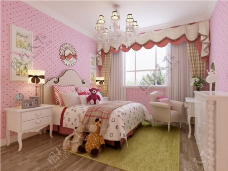 欧式粉色卧室大床窗户设计图