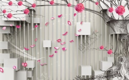 3D背景飞舞玫瑰抽象树