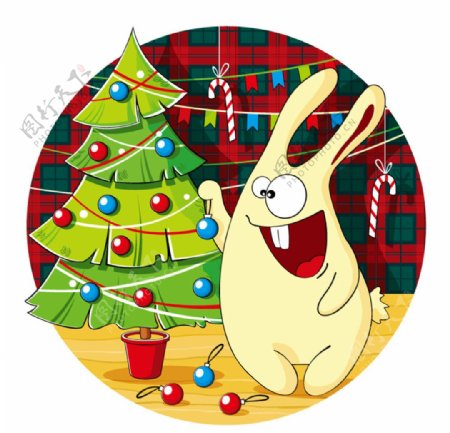 卡通圣诞树和兔子矢量素材