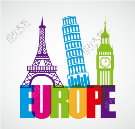 彩色欧洲著名建筑矢量图