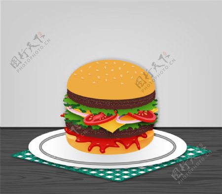 餐盘中的美味汉堡包矢量图