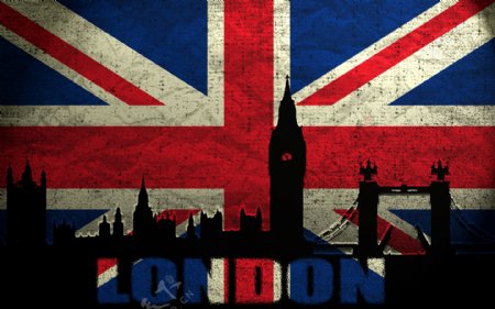 英国国旗与伦敦剪影图片