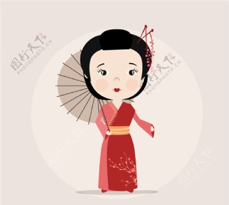 卡通撑伞的日本女子矢量图