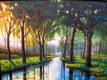 树与小溪油画