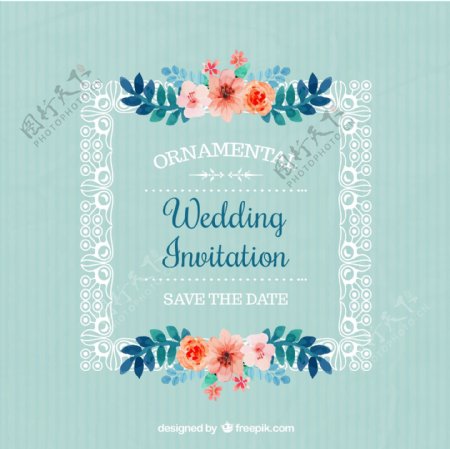 彩绘花卉框架婚礼邀请卡矢量图