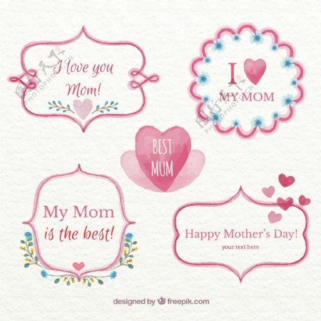 5款彩绘爱心母亲节标签矢量素材