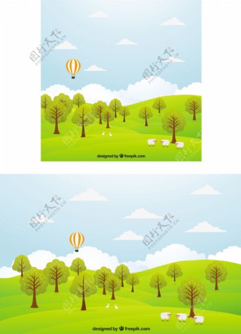带树木和热气球的草甸景观背景