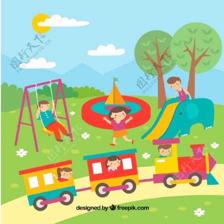 彩色孩子们在公园玩场景背景素材